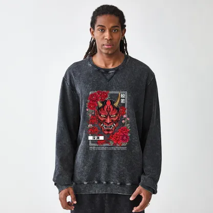 Tokyo-Tiger Cool Oni Floral Art Washed Terry Sweatshirt
