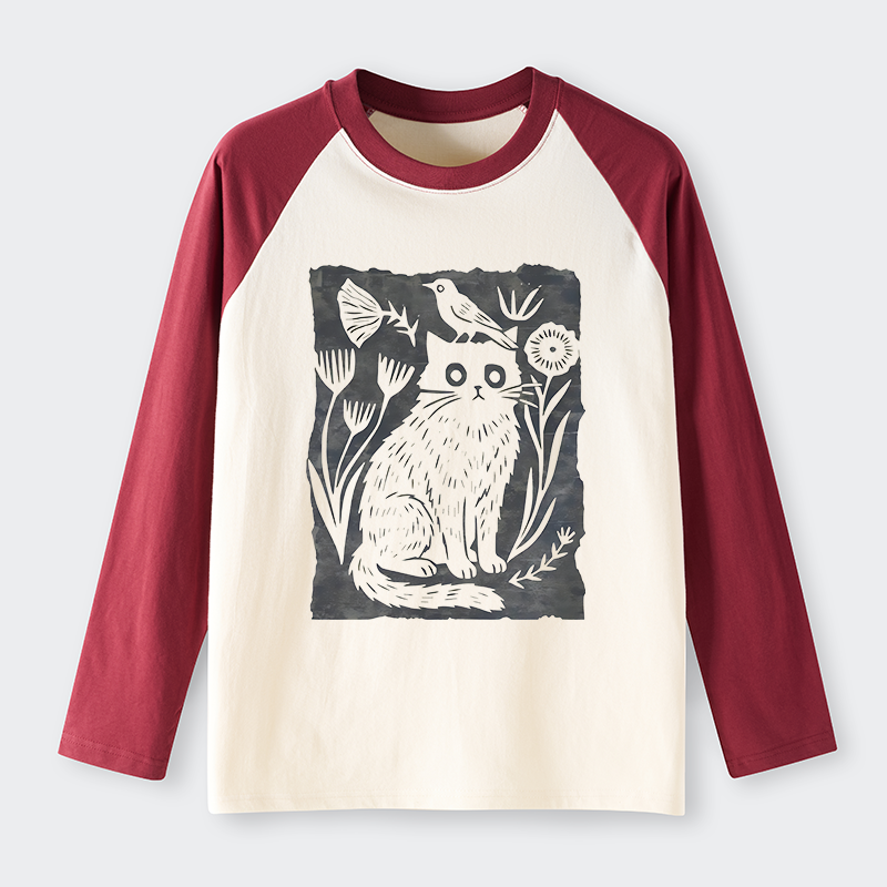Tokyo-Tiger Folk Paper Cut Cat Bird Floral Art Raglan Long Sleeve T-shirt