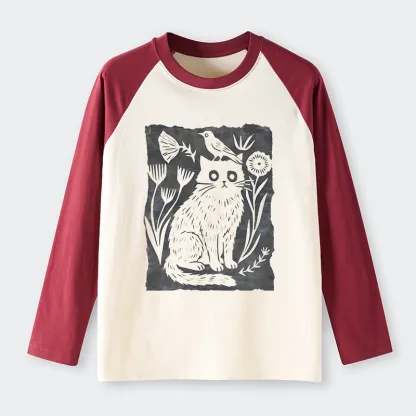 Tokyo-Tiger Folk Paper Cut Cat Bird Floral Art Raglan Long Sleeve T-shirt