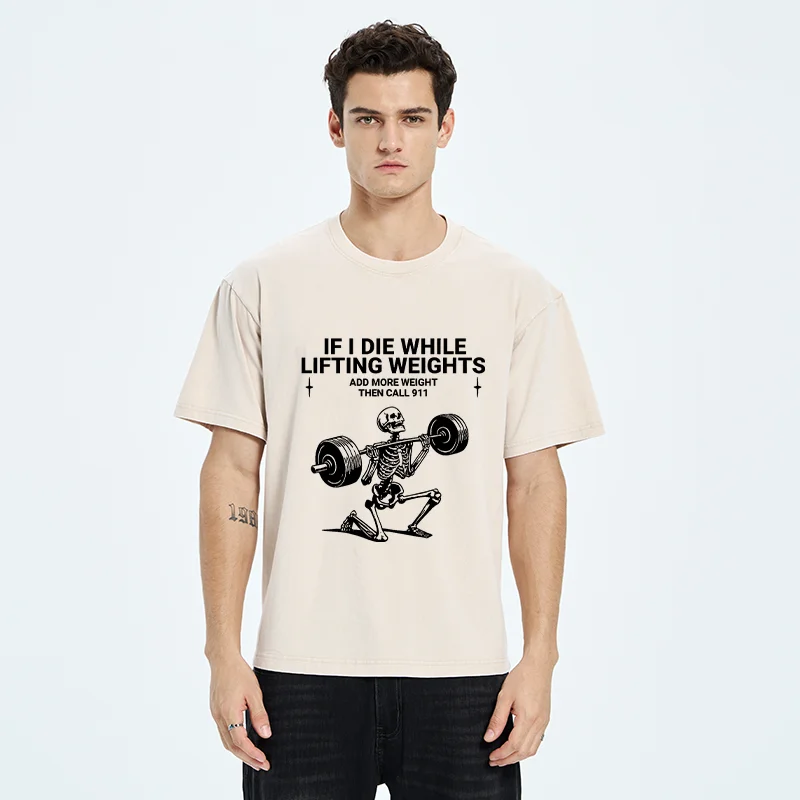 Tokyo-Tiger Skeleton Weightlifting Funny Washed T-Shirt