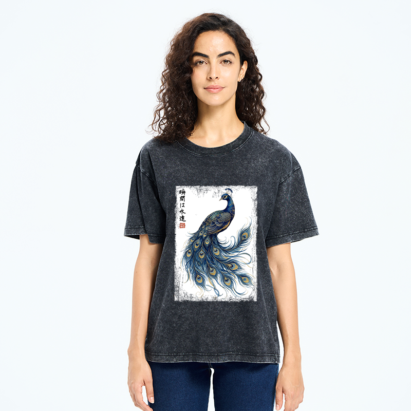 Tokyo-Tiger Elegant Peacock Art Washed T-Shirt