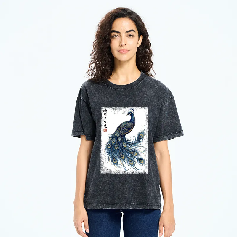 Tokyo-Tiger Elegant Peacock Art Washed T-Shirt