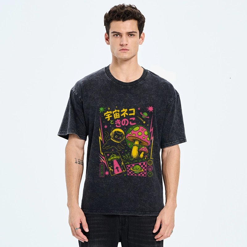 Tokyo-Tiger Space Cat And Magic Mushrooms Washed T-Shirt