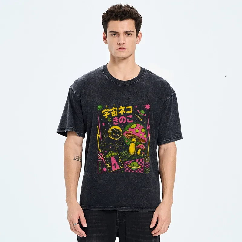 Tokyo-Tiger Space Cat And Magic Mushrooms Washed T-Shirt