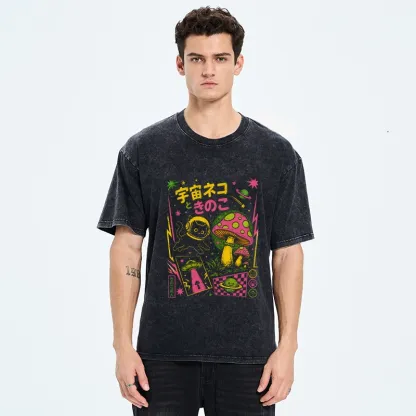 Tokyo-Tiger Space Cat And Magic Mushrooms Washed T-Shirt