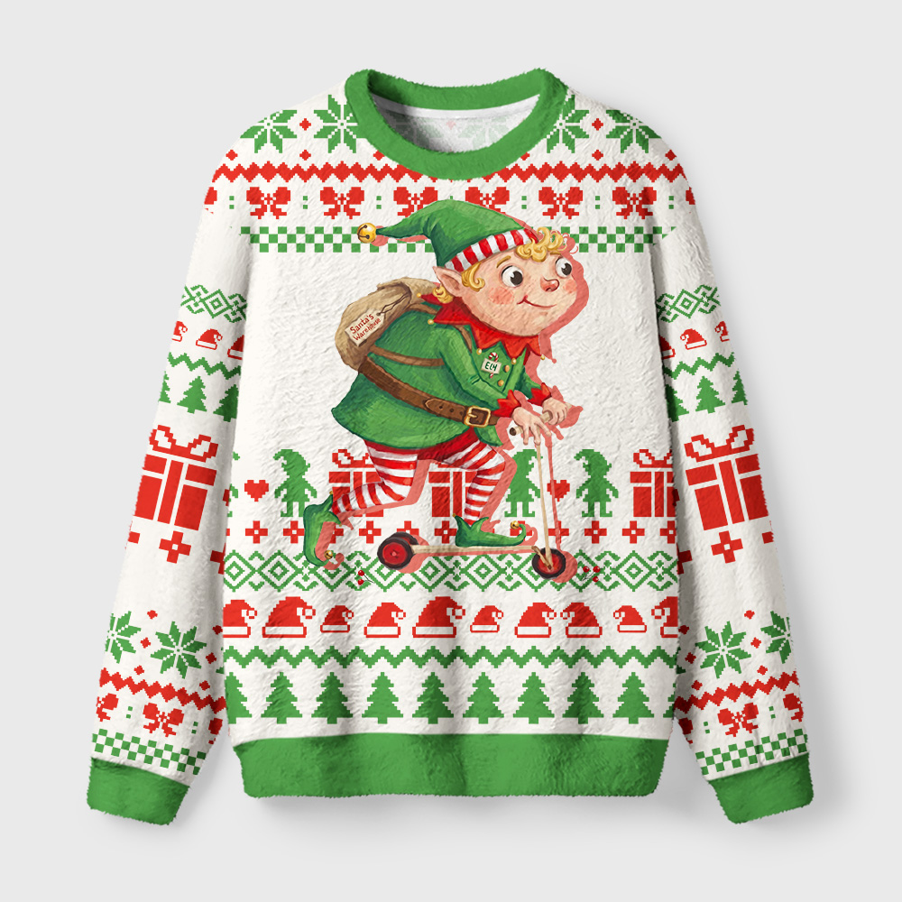 Tokyo-Tiger Elf Scooter Christmas Fuzzy Christmas Ugly Sweatshirt