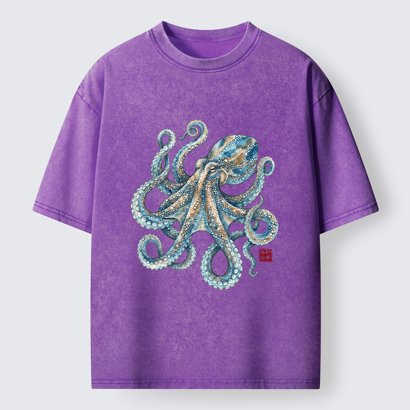 Tokyo-Tiger Ocean Octopus Art Washed T-Shirt