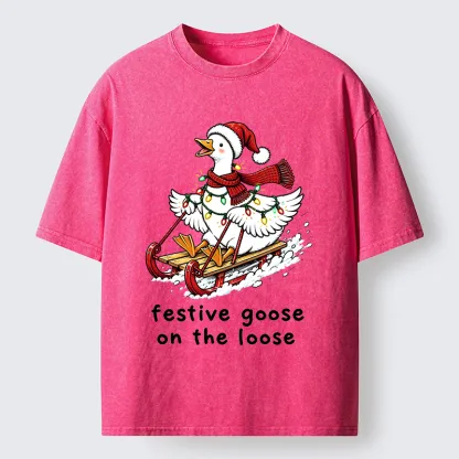 Tokyo-Tiger Funny Christmas Lights Goose Meme Washed T-Shirt
