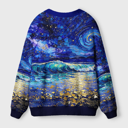 Tokyo-Tiger Ocean Under Swirling Stars Ugly Cardigan Sweater