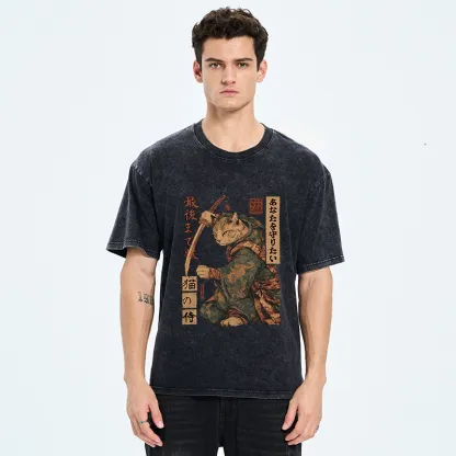 Tokyo-Tiger Retro Cat Japanese Samurai Washed T-Shirt