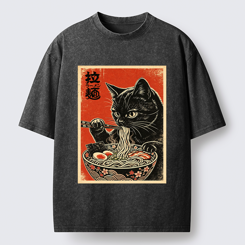 Tokyo-Tiger Japanese Ramen Cat Art Washed T-Shirt