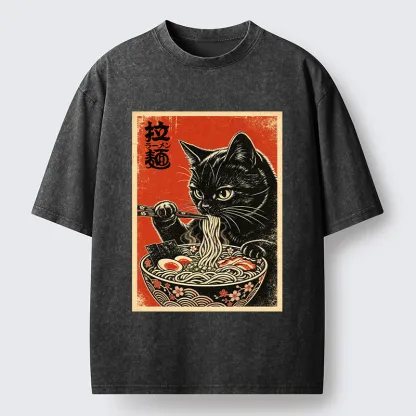Tokyo-Tiger Japanese Ramen Cat Art Washed T-Shirt