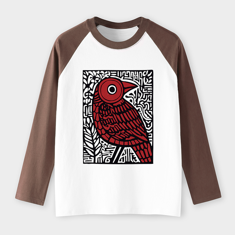 Tokyo-Tiger Retro Woodblock Bird Raglan Long Sleeve T-shirt