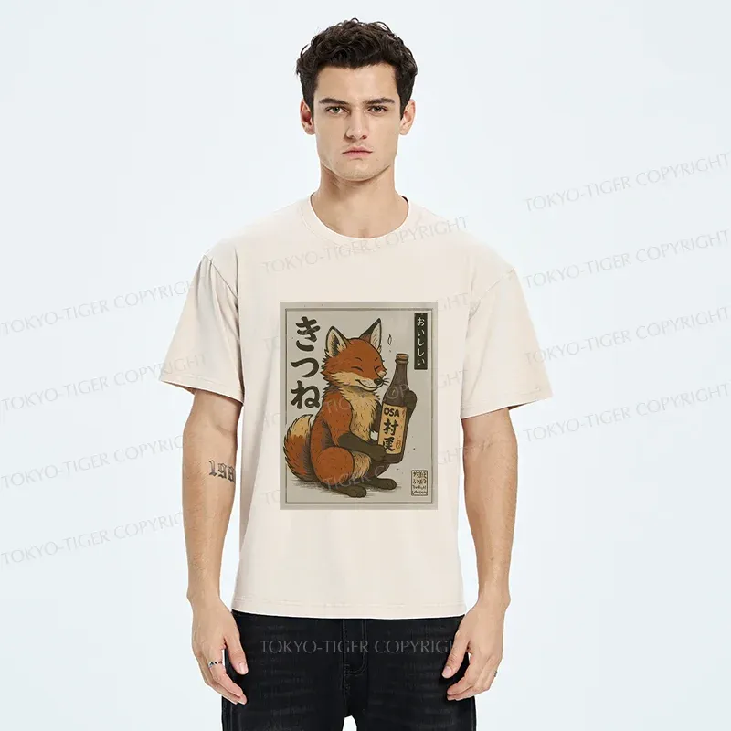 Tokyo-Tiger Fox Holding Sake Washed T-Shirt