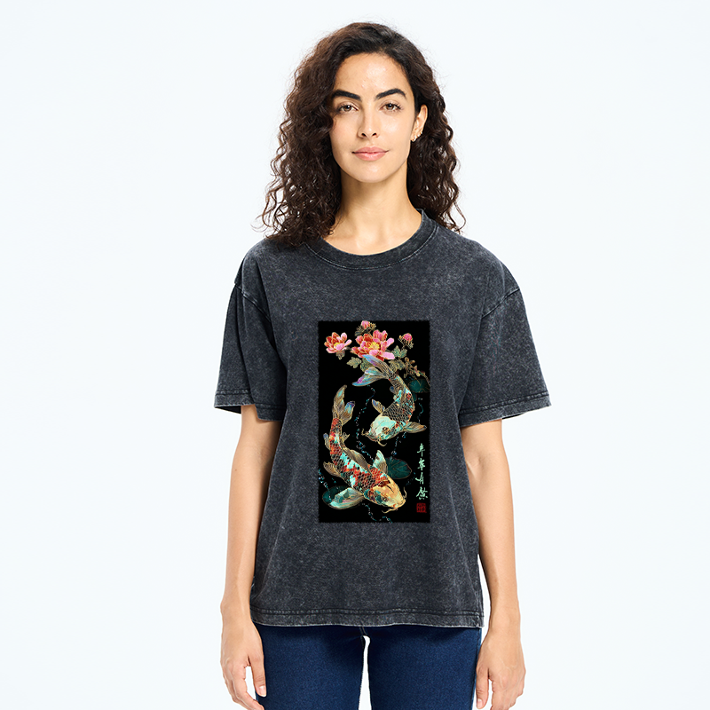 Tokyo-Tiger Everlasting Abundance:Koi & Peony Washed T-Shirt