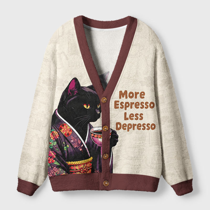 Tokyo-Tiger More Espresso Less Depresso Black Cat Ugly Cardigan Sweater