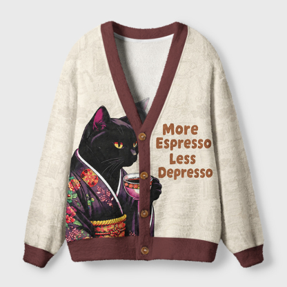 Tokyo-Tiger More Espresso Less Depresso Black Cat Ugly Cardigan Sweater