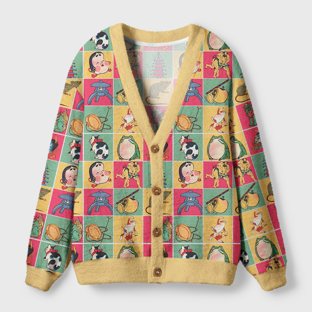Tokyo-Tiger Playful Ukiyo-e Patchwork Ugly Cardigan Sweater
