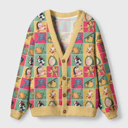 Tokyo-Tiger Playful Ukiyo-e Patchwork Ugly Cardigan Sweater