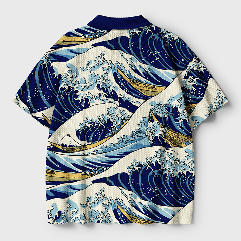 Tokyo-Tiger Japanese Great Wave Crochet Polo Shirt