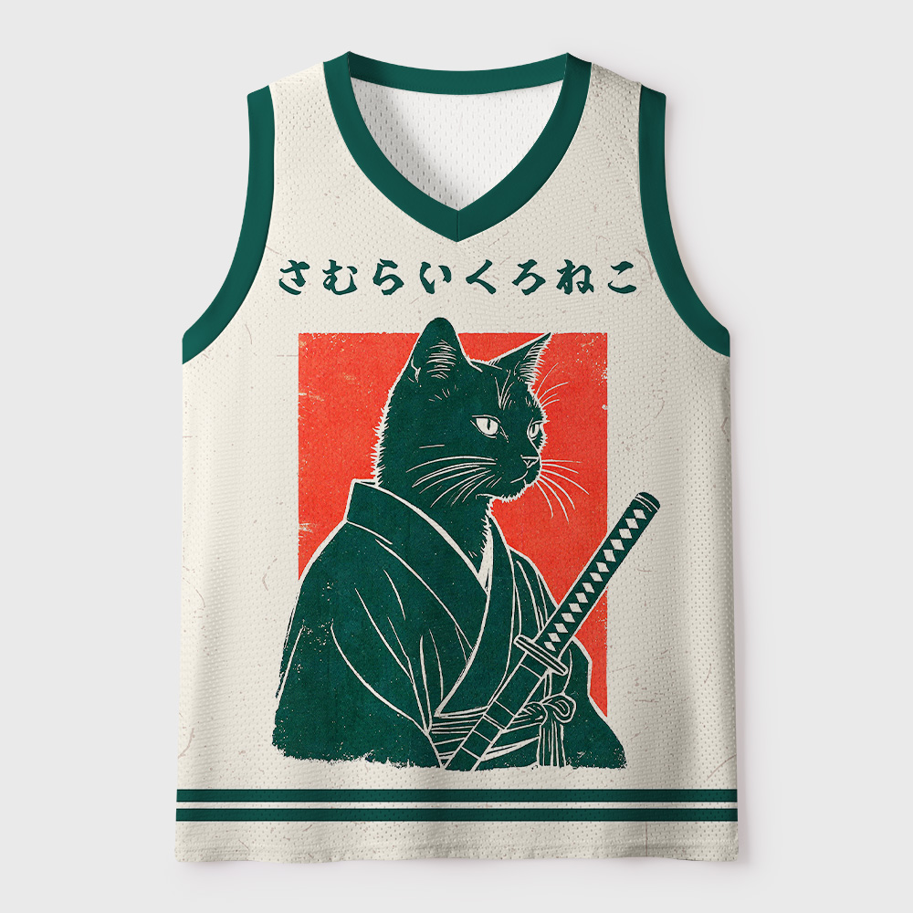 Tokyo-Tiger Japanese Sakura Black Cat Samurai Mesh Tank Top
