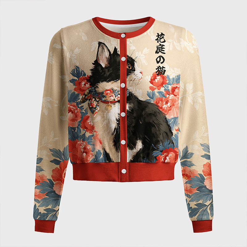 Tokyo-Tiger Cat Among Peonies Women's Lightweight Cardigan