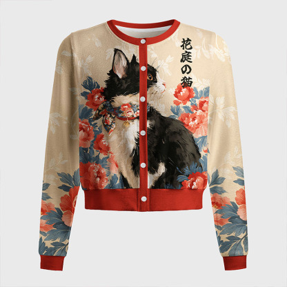 Tokyo-Tiger Cat Among Peonies Women's Lightweight Cardigan