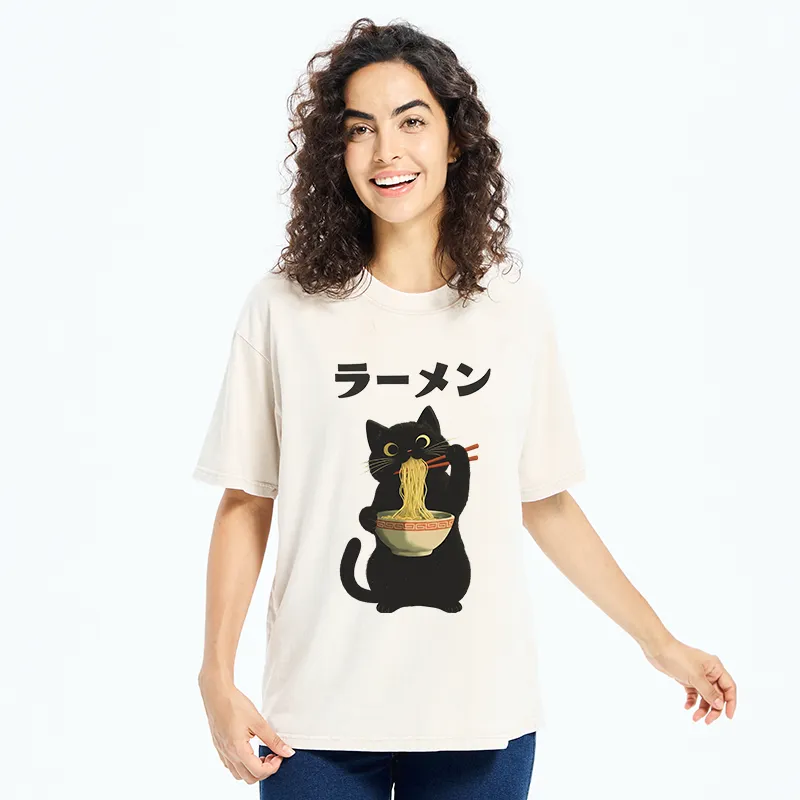 Tokyo-Tiger Black Cat Ate A Large Bowl Of Ramen Washed T-Shirt