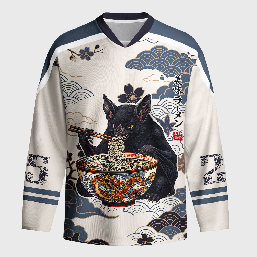Tokyo-Tiger Japanese Bat Eating Ramen Long-Sleeve Hockey Jersey