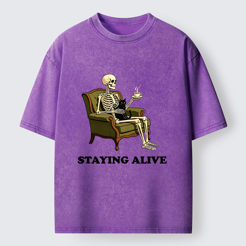 Tokyo‑Tiger Skeleton Coffee Cat Washed T‑Shirt
