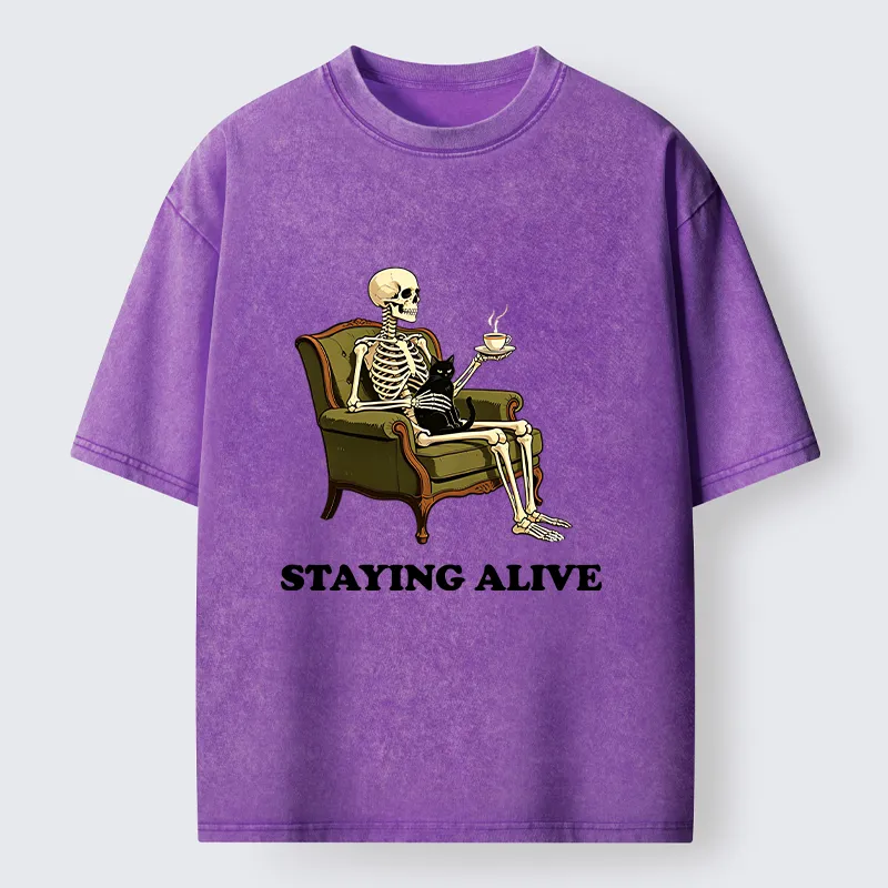 Tokyo‑Tiger Skeleton Coffee Cat Washed T‑Shirt