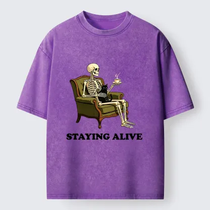 Tokyo‑Tiger Skeleton Coffee Cat Washed T‑Shirt