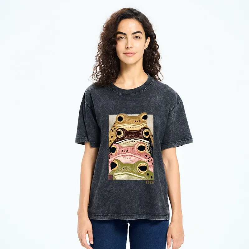 Tokyo-Tiger Whimsical Multi Colored Frog Art Washed T-Shirt