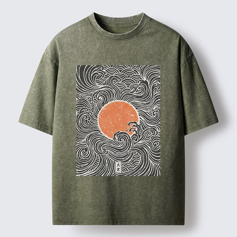 Tokyo-Tiger Ukiyo-e Sun And Waves Washed T-Shirt