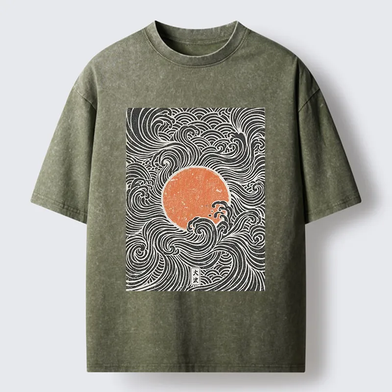 Tokyo-Tiger Ukiyo-e Sun And Waves Washed T-Shirt