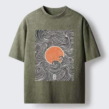 Tokyo-Tiger Ukiyo-e Sun And Waves Washed T-Shirt