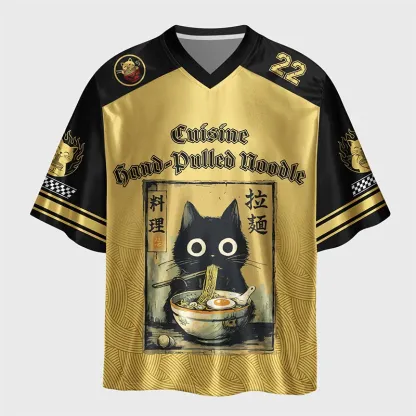  Tokyo-Tiger Cute Black Cat Eating Ramen Japan Glossy Oversized Jersey