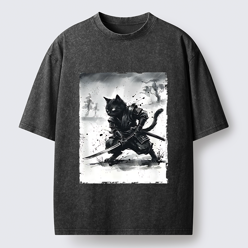 Tokyo-Tiger Ink Samurai Cat Art Washed T-Shirt