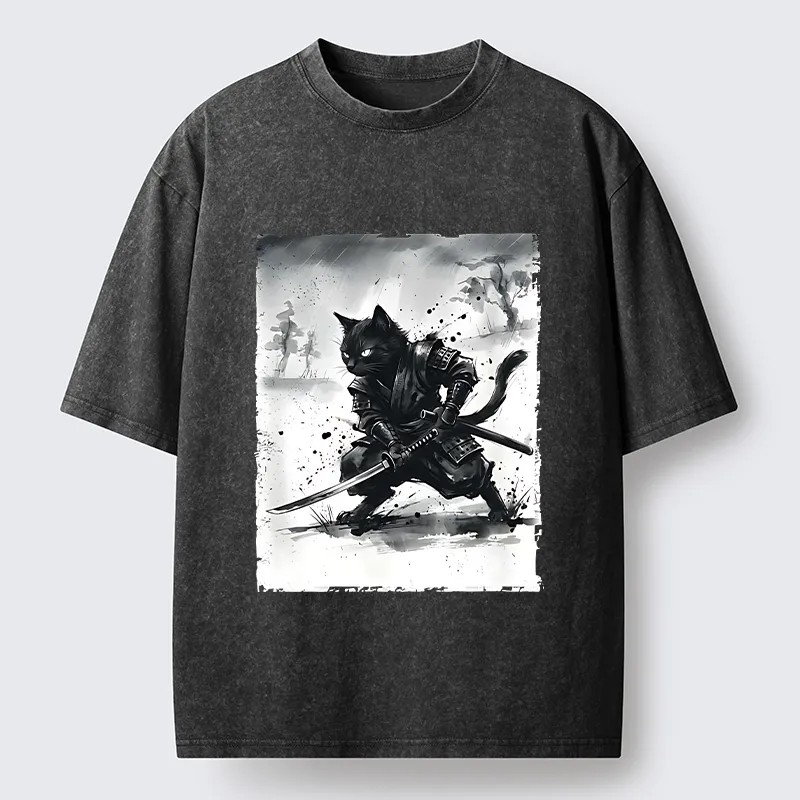 Tokyo‑Tiger Ink Samurai Cat Art Washed T‑Shirt Sale