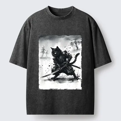 Tokyo-Tiger Ink Samurai Cat Art Washed T-Shirt