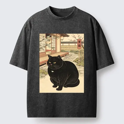 Tokyo‑Tiger Fat Cat In The Yard Washed T‑Shirt