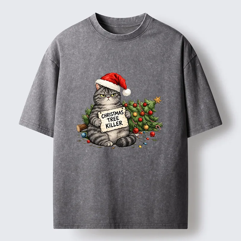 Tokyo-Tiger Playful Cat Messing With Christmas Tree Washed T-Shirt