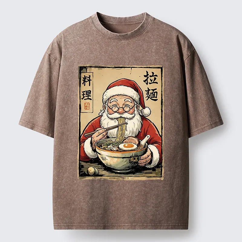 Tokyo-Tiger Santa Eating Ramen Meme Washed T-Shirt