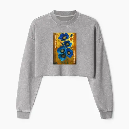 Tokyo-Tiger Shiny Blue Flower Warm Golden Background Washed Crop Sweatshirt