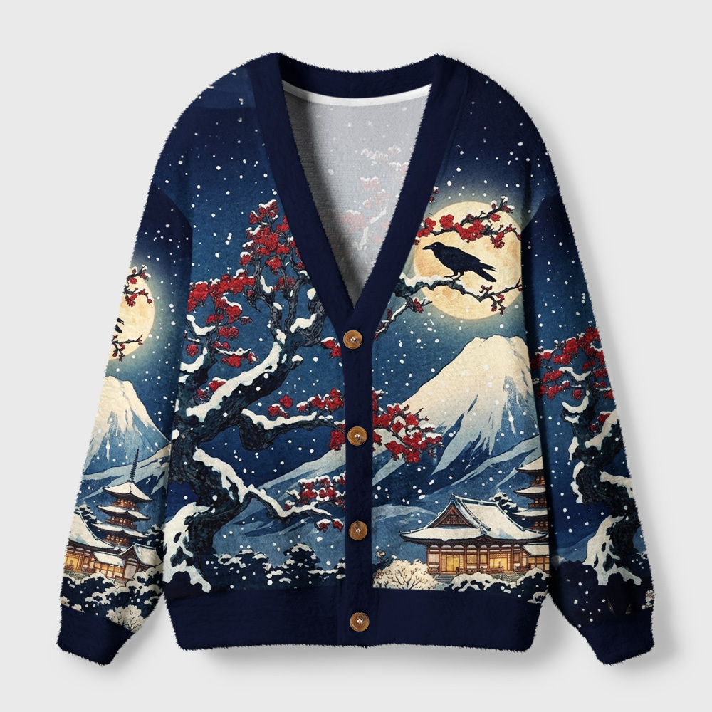 Tokyo-Tiger Fuji Snow Plum Blossoms Ugly Cardigan Sweater