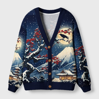 Tokyo-Tiger Fuji Snow Plum Blossoms Ugly Cardigan Sweater
