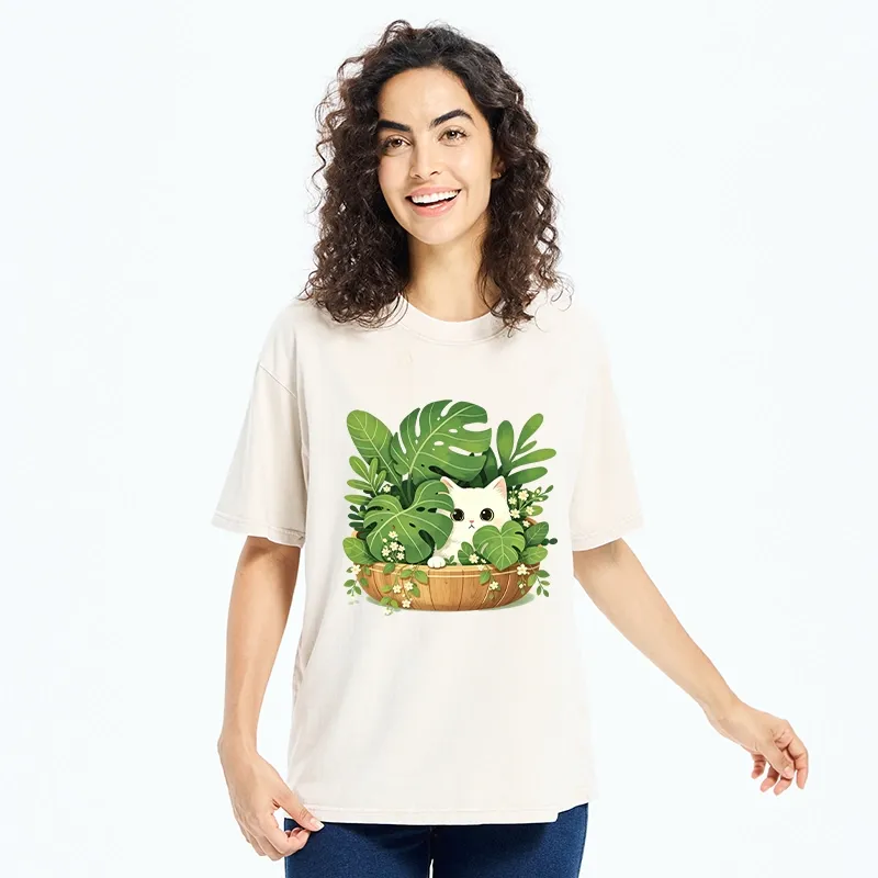 Tokyo-Tiger Sweet White Cat Green Plant Vibe Washed T-Shirt