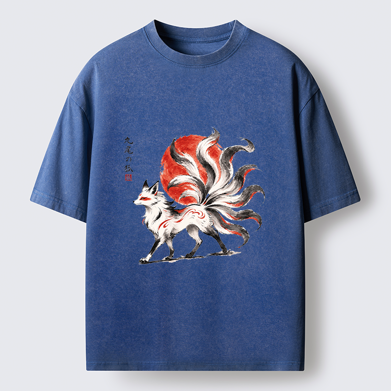 Tokyo-Tiger Nine-Tailed Fox Ink Art Washed T-Shirt