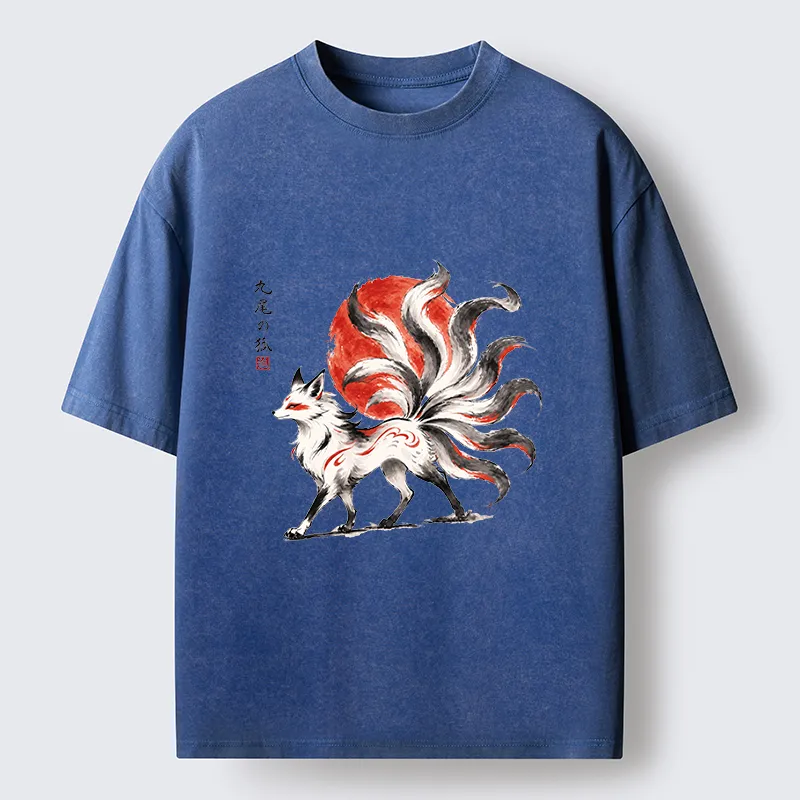 Tokyo-Tiger Nine-Tailed Fox Ink Art Washed T-Shirt