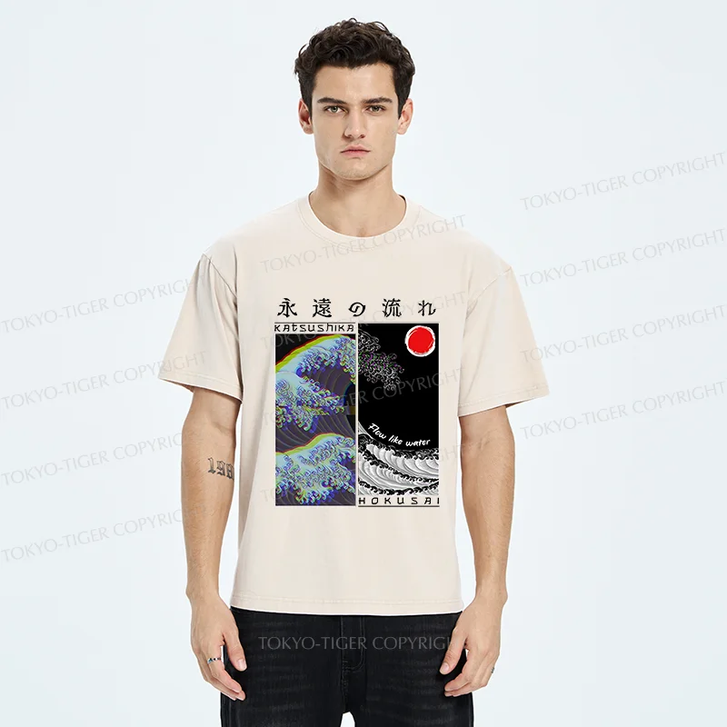 Tokyo-Tiger Ukiyo-e Wave Poster Washed T-Shirt
